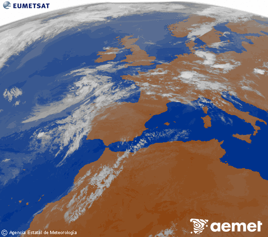 Imagen de la zona de Europa y Norte de �frica del canal infrarrojo del sat�lite Meteosat operacional en 0�N 0�W, procesada para darle color.&nbsp;Tuesday, 14 July  2026 05:00