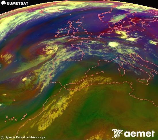 RGB-a Meteosat eragiketa-sateliteko hainbat kanal 0�W-a 0�N-ean, aire-masen eta hodeitzaren ezaugarrien erakusgarri izango dena.&nbsp;asteartea, 2026ko uztailak 14, ordua: 06:00