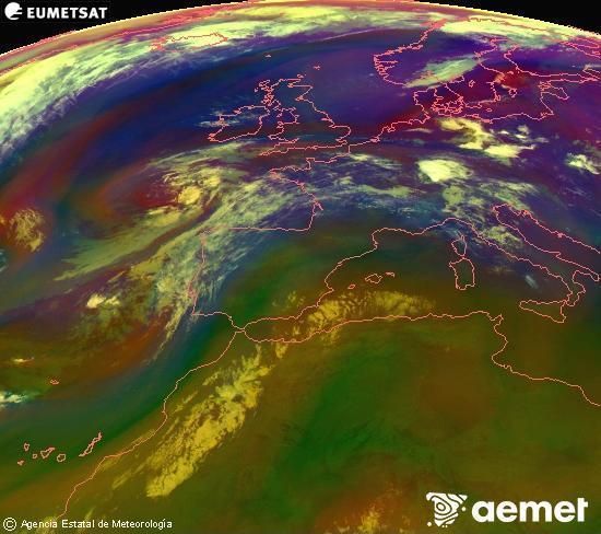 RGB-a Meteosat eragiketa-sateliteko hainbat kanal 0�W-a 0�N-ean, aire-masen eta hodeitzaren ezaugarrien erakusgarri izango dena.&nbsp;asteartea, 2026ko uztailak 14, ordua: 07:00