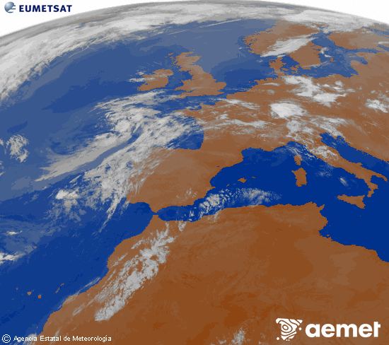 Imagen de la zona de Europa y Norte de �frica del canal infrarrojo del sat�lite Meteosat operacional en 0�N 0�W, procesada para darle color.&nbsp;asteartea, 2026ko uztailak 14, ordua: 07:00