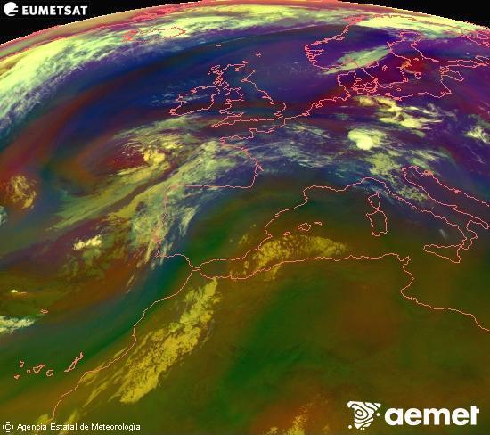 RGB-a Meteosat eragiketa-sateliteko hainbat kanal 0�W-a 0�N-ean, aire-masen eta hodeitzaren ezaugarrien erakusgarri izango dena.&nbsp;asteartea, 2026ko uztailak 14, ordua: 08:00