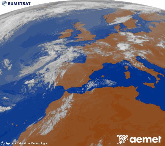 Imagen de la zona de Europa y Norte de �frica del canal infrarrojo del sat�lite Meteosat operacional en 0�N 0�W, procesada para darle color.&nbsp;martes, 14 julio 2026 a las 08:00