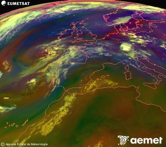 RGB-a Meteosat eragiketa-sateliteko hainbat kanal 0�W-a 0�N-ean, aire-masen eta hodeitzaren ezaugarrien erakusgarri izango dena.&nbsp;asteartea, 2026ko uztailak 14, ordua: 09:00