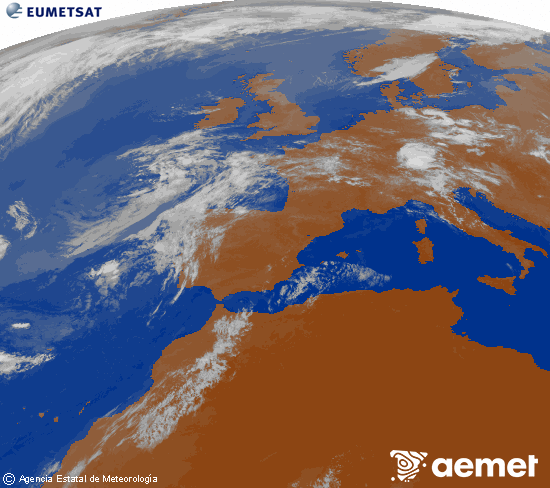 Imagen de la zona de Europa y Norte de �frica del canal infrarrojo del sat�lite Meteosat operacional en 0�N 0�W, procesada para darle color.&nbsp;dimarts, 14 de juliol  2026 09:00