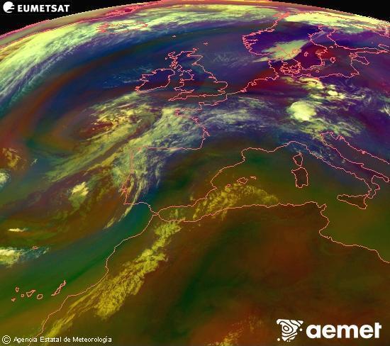 RGB-a Meteosat eragiketa-sateliteko hainbat kanal 0�W-a 0�N-ean, aire-masen eta hodeitzaren ezaugarrien erakusgarri izango dena.&nbsp;asteartea, 2026ko uztailak 14, ordua: 10:00
