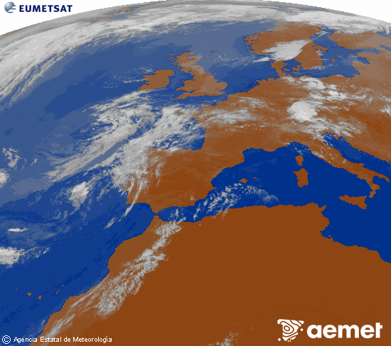 Imagen de la zona de Europa y Norte de �frica del canal infrarrojo del sat�lite Meteosat operacional en 0�N 0�W, procesada para darle color.&nbsp;dimarts, 14 de juliol  2026 10:00