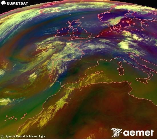 RGB-a Meteosat eragiketa-sateliteko hainbat kanal 0�W-a 0�N-ean, aire-masen eta hodeitzaren ezaugarrien erakusgarri izango dena.&nbsp;asteartea, 2026ko uztailak 14, ordua: 11:00