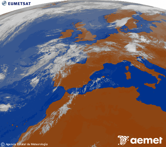 Imagen de la zona de Europa y Norte de �frica del canal infrarrojo del sat�lite Meteosat operacional en 0�N 0�W, procesada para darle color.&nbsp;dimarts, 14 de juliol  2026 11:00