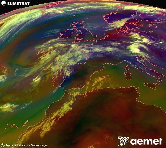 RGB-a Meteosat eragiketa-sateliteko hainbat kanal 0�W-a 0�N-ean, aire-masen eta hodeitzaren ezaugarrien erakusgarri izango dena.&nbsp;asteartea, 2026ko uztailak 14, ordua: 12:00