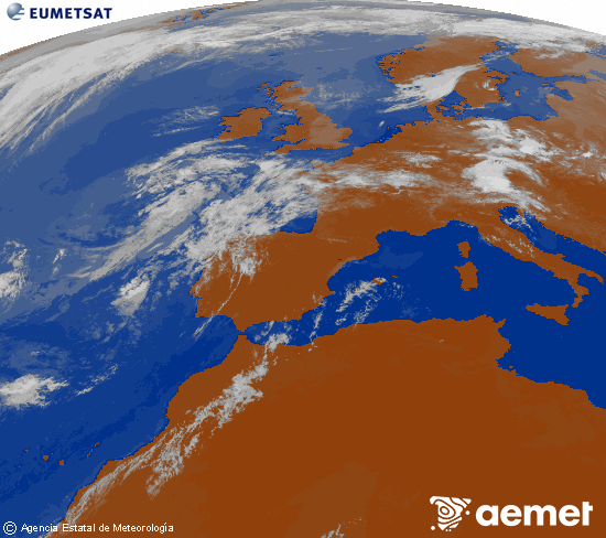 Imagen de la zona de Europa y Norte de �frica del canal infrarrojo del sat�lite Meteosat operacional en 0�N 0�W, procesada para darle color.&nbsp;dimarts, 14 de juliol  2026 12:00