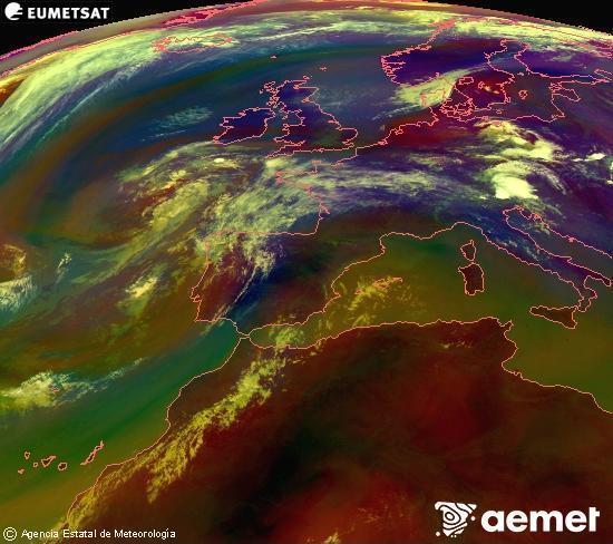 RGB-a Meteosat eragiketa-sateliteko hainbat kanal 0�W-a 0�N-ean, aire-masen eta hodeitzaren ezaugarrien erakusgarri izango dena.&nbsp;asteartea, 2026ko uztailak 14, ordua: 13:00