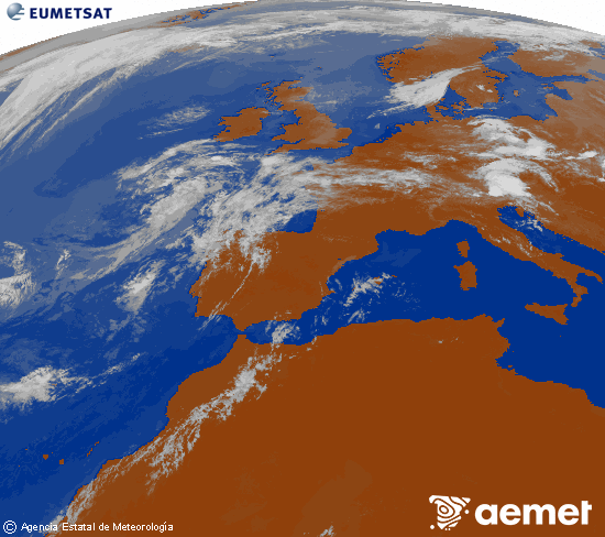 Imagen de la zona de Europa y Norte de �frica del canal infrarrojo del sat�lite Meteosat operacional en 0�N 0�W, procesada para darle color.&nbsp;dimarts, 14 de juliol  2026 13:00