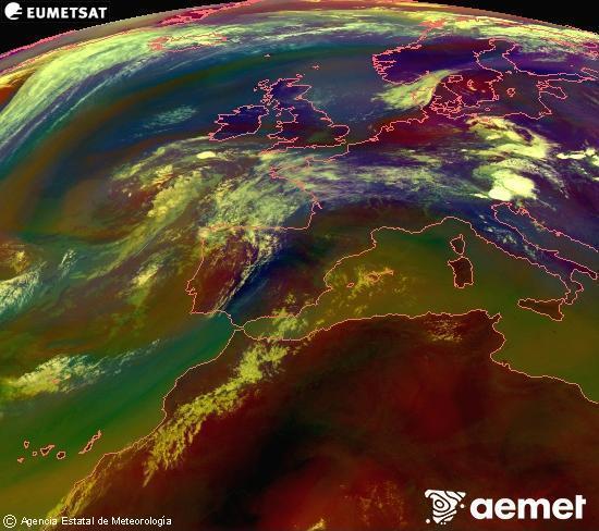 RGB-a Meteosat eragiketa-sateliteko hainbat kanal 0�W-a 0�N-ean, aire-masen eta hodeitzaren ezaugarrien erakusgarri izango dena.&nbsp;asteartea, 2026ko uztailak 14, ordua: 14:00