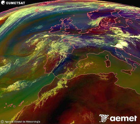 RGB-a Meteosat eragiketa-sateliteko hainbat kanal 0�W-a 0�N-ean, aire-masen eta hodeitzaren ezaugarrien erakusgarri izango dena.&nbsp;asteartea, 2026ko uztailak 14, ordua: 15:00