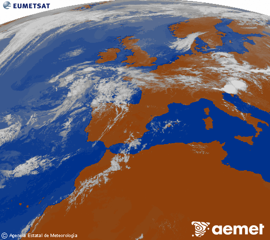 Imagen de la zona de Europa y Norte de �frica del canal infrarrojo del sat�lite Meteosat operacional en 0�N 0�W, procesada para darle color.&nbsp;dimarts, 14 de juliol  2026 15:00