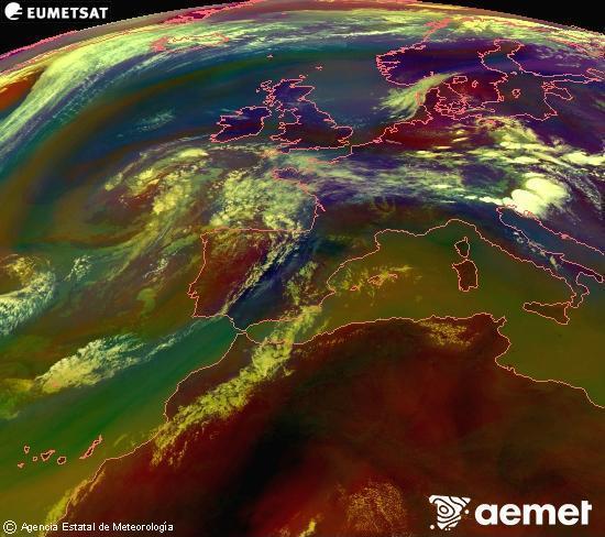 RGB-a Meteosat eragiketa-sateliteko hainbat kanal 0�W-a 0�N-ean, aire-masen eta hodeitzaren ezaugarrien erakusgarri izango dena.&nbsp;asteartea, 2026ko uztailak 14, ordua: 16:00