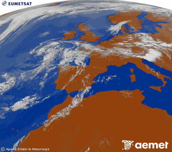 Imagen de la zona de Europa y Norte de �frica del canal infrarrojo del sat�lite Meteosat operacional en 0�N 0�W, procesada para darle color.&nbsp;dimarts, 14 de juliol  2026 16:00