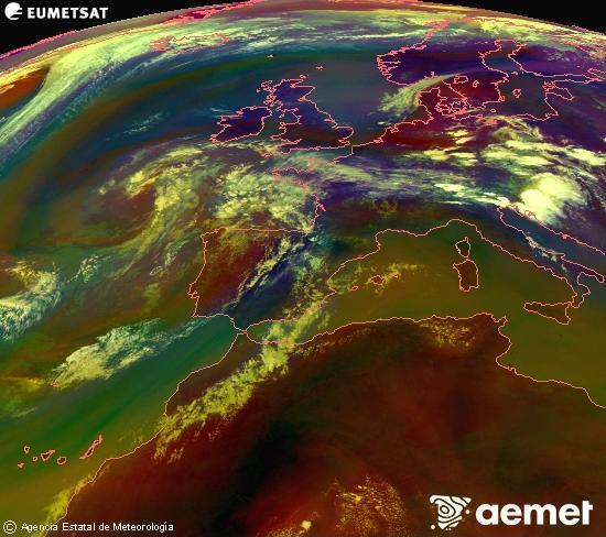 RGB-a Meteosat eragiketa-sateliteko hainbat kanal 0�W-a 0�N-ean, aire-masen eta hodeitzaren ezaugarrien erakusgarri izango dena.&nbsp;asteartea, 2026ko uztailak 14, ordua: 17:00