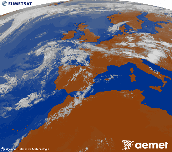 Imagen de la zona de Europa y Norte de �frica del canal infrarrojo del sat�lite Meteosat operacional en 0�N 0�W, procesada para darle color.&nbsp;asteartea, 2026ko uztailak 14, ordua: 17:00