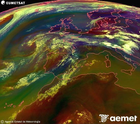 RGB-a Meteosat eragiketa-sateliteko hainbat kanal 0�W-a 0�N-ean, aire-masen eta hodeitzaren ezaugarrien erakusgarri izango dena.&nbsp;asteartea, 2026ko uztailak 14, ordua: 18:00