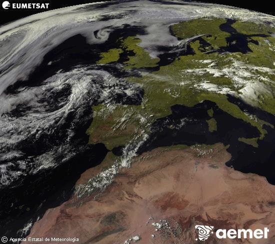 Esta imagen se genera utilizando informaci�n de los canales visibles del sat�lite METEOSAT perteneciente a la segunda generaci�n de sat�lites Meteosat (MSG). Por ese motivo, s�lo hay informaci�n en la zona iluminada por el sol. Adem�s, los canales han sido normalizados para que el brillo no dependa de la posici�n del sol.&nbsp;dimarts, 14 de juliol  2026 18:00