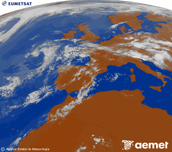 Imatge de la zona d'Europa i Nord d'�frica del canal infraroig del sat�l�lit Meteosat operacional en 0�N 0�W, processada per a donar-li color.&nbsp;dimarts, 14 de juliol  2026 19:00