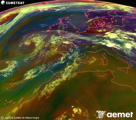 RGB-a Meteosat eragiketa-sateliteko hainbat kanal 0�W-a 0�N-ean, aire-masen eta hodeitzaren ezaugarrien erakusgarri izango dena.&nbsp;asteartea, 2026ko uztailak 14, ordua: 20:00