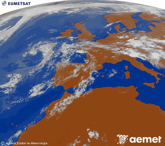 Imagen de la zona de Europa y Norte de �frica del canal infrarrojo del sat�lite Meteosat operacional en 0�N 0�W, procesada para darle color.&nbsp;Tuesday, 14 July  2026 20:00