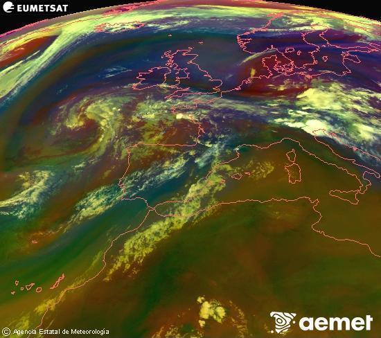 RGB-a Meteosat eragiketa-sateliteko hainbat kanal 0�W-a 0�N-ean, aire-masen eta hodeitzaren ezaugarrien erakusgarri izango dena.&nbsp;asteartea, 2026ko uztailak 14, ordua: 21:00