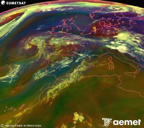 RGB-a Meteosat eragiketa-sateliteko hainbat kanal 0�W-a 0�N-ean, aire-masen eta hodeitzaren ezaugarrien erakusgarri izango dena.&nbsp;asteartea, 2026ko uztailak 14, ordua: 22:00
