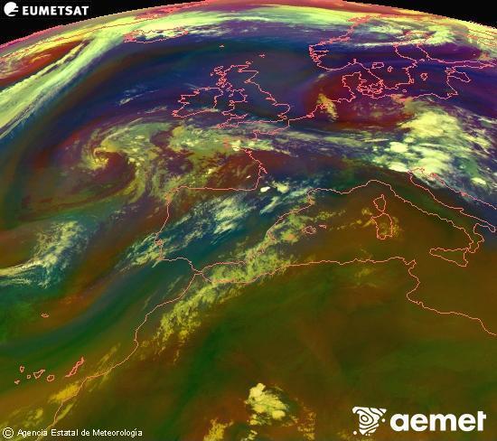 RGB-a Meteosat eragiketa-sateliteko hainbat kanal 0�W-a 0�N-ean, aire-masen eta hodeitzaren ezaugarrien erakusgarri izango dena.&nbsp;asteartea, 2026ko uztailak 14, ordua: 23:00