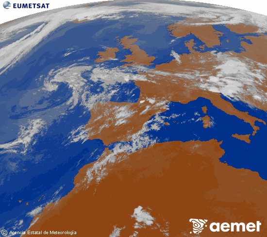 Imagen de la zona de Europa y Norte de �frica del canal infrarrojo del sat�lite Meteosat operacional en 0�N 0�W, procesada para darle color.&nbsp;Tuesday, 14 July  2026 23:00