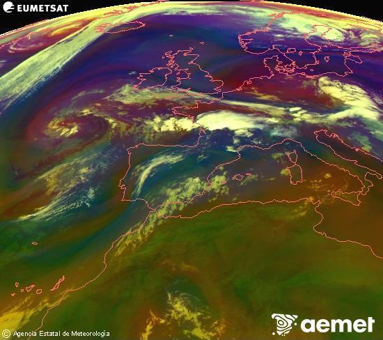 Composition RGB dans laquelle se m�langent diff�rents canaux du satellite Meteosat operational in 0�N 0�W, l'informaci�n des caract�ristiques sur les masses d'air et les nuages.&nbsp;mercredi, 15 juillet  2026 06:00