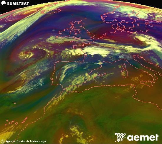 Composition RGB dans laquelle se m�langent diff�rents canaux du satellite Meteosat operational in 0�N 0�W, l'informaci�n des caract�ristiques sur les masses d'air et les nuages.&nbsp;mercredi, 15 juillet  2026 07:00