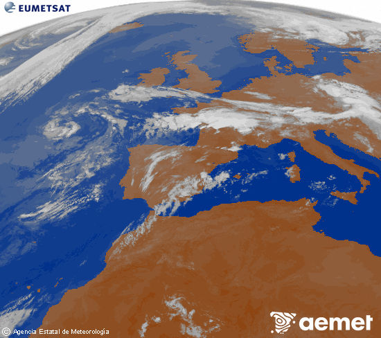 Imatge de la zona d'Europa i Nord d'�frica del canal infraroig del sat�l�lit Meteosat operacional en 0�N 0�W, processada per a donar-li color.&nbsp;dimecres, 15 de juliol  2026 07:00