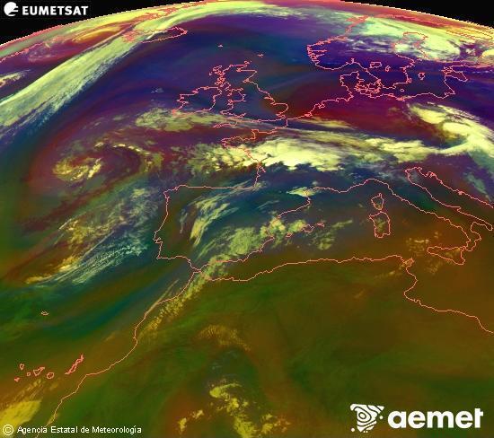 Composition RGB dans laquelle se m�langent diff�rents canaux du satellite Meteosat operational in 0�N 0�W, l'informaci�n des caract�ristiques sur les masses d'air et les nuages.&nbsp;mercredi, 15 juillet  2026 08:00