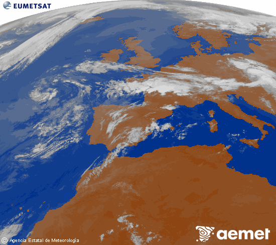 Imatge de la zona d'Europa i Nord d'�frica del canal infraroig del sat�l�lit Meteosat operacional en 0�N 0�W, processada per a donar-li color.&nbsp;dimecres, 15 de juliol  2026 08:00