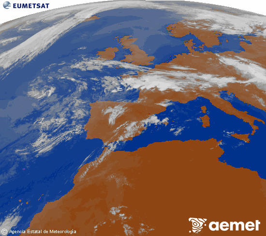 Imatge de la zona d'Europa i Nord d'�frica del canal infraroig del sat�l�lit Meteosat operacional en 0�N 0�W, processada per a donar-li color.&nbsp;dimecres, 15 de juliol  2026 09:00