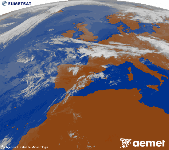 Imatge de la zona d'Europa i Nord d'�frica del canal infraroig del sat�l�lit Meteosat operacional en 0�N 0�W, processada per a donar-li color.&nbsp;dimecres, 15 de juliol  2026 10:00