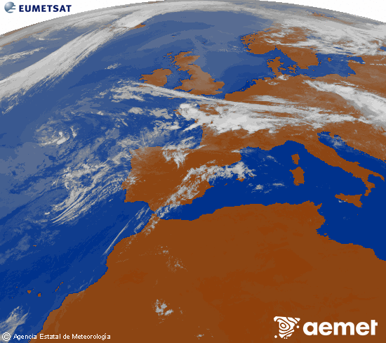 Imatge de la zona d'Europa i Nord d'�frica del canal infraroig del sat�l�lit Meteosat operacional en 0�N 0�W, processada per a donar-li color.&nbsp;dimecres, 15 de juliol  2026 11:00