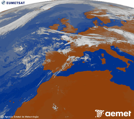 Imatge de la zona d'Europa i Nord d'�frica del canal infraroig del sat�l�lit Meteosat operacional en 0�N 0�W, processada per a donar-li color.&nbsp;dimecres, 15 de juliol  2026 12:00