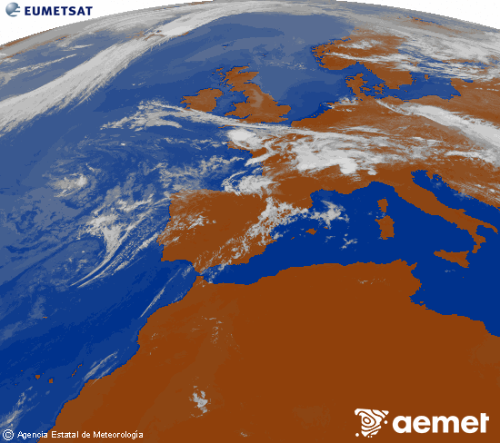 Imagen de la zona de Europa y Norte de �frica del canal infrarrojo del sat�lite Meteosat operacional en 0�N 0�W, procesada para darle color.&nbsp;dimecres, 15 de juliol  2026 13:00