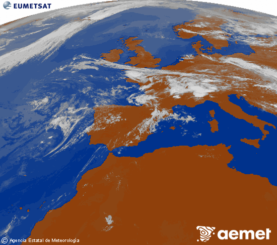 Imagen de la zona de Europa y Norte de �frica del canal infrarrojo del sat�lite Meteosat operacional en 0�N 0�W, procesada para darle color.&nbsp;dimecres, 15 de juliol  2026 14:00