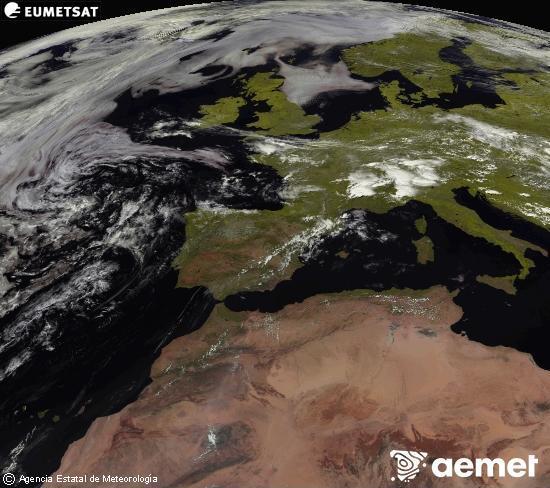 Esta imagen se genera utilizando informaci�n de los canales visibles del sat�lite METEOSAT perteneciente a la segunda generaci�n de sat�lites Meteosat (MSG). Por ese motivo, s�lo hay informaci�n en la zona iluminada por el sol. Adem�s, los canales han sido normalizados para que el brillo no dependa de la posici�n del sol.&nbsp;dimecres, 15 de juliol  2026 15:00