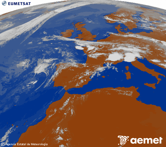 Imatge de la zona d'Europa i Nord d'�frica del canal infraroig del sat�l�lit Meteosat operacional en 0�N 0�W, processada per a donar-li color.&nbsp;dimecres, 15 de juliol  2026 17:00