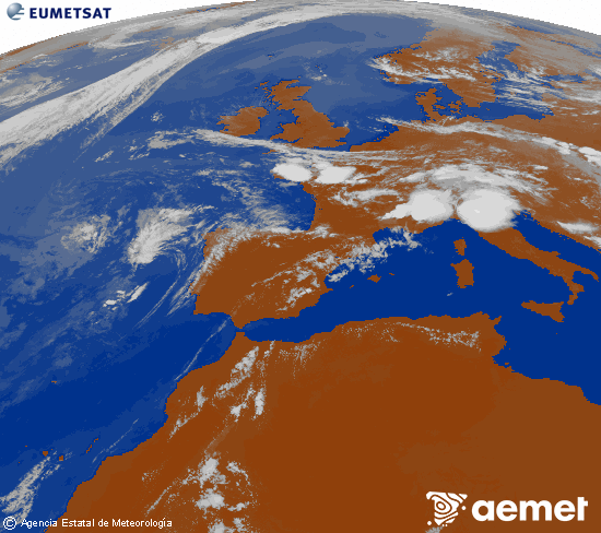 Imagen de la zona de Europa y Norte de �frica del canal infrarrojo del sat�lite Meteosat operacional en 0�N 0�W, procesada para darle color.&nbsp;mercredi, 15 juillet  2026 18:00