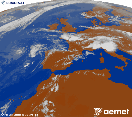 Imagen de la zona de Europa y Norte de �frica del canal infrarrojo del sat�lite Meteosat operacional en 0�N 0�W, procesada para darle color.&nbsp;mi�rcoles, 15 julio 2026 a las 19:00