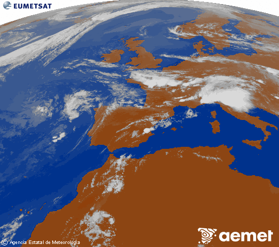 Imagen de la zona de Europa y Norte de �frica del canal infrarrojo del sat�lite Meteosat operacional en 0�N 0�W, procesada para darle color.&nbsp;mi�rcoles, 15 julio 2026 a las 20:00