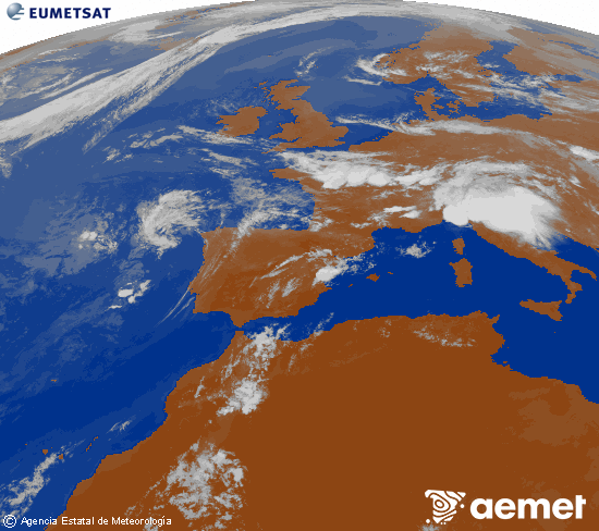 Imagen de la zona de Europa y Norte de �frica del canal infrarrojo del sat�lite Meteosat operacional en 0�N 0�W, procesada para darle color.&nbsp;mi�rcoles, 15 julio 2026 a las 21:00