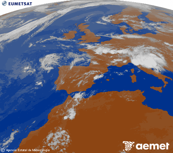 Imagen de la zona de Europa y Norte de �frica del canal infrarrojo del sat�lite Meteosat operacional en 0�N 0�W, procesada para darle color.&nbsp;mi�rcoles, 15 julio 2026 a las 22:00